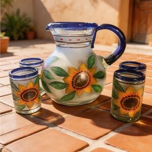 Mexican Hand-Blown Glass Pitcher Set - Hand-Painted Sunflowers - 5pc Artisan Set